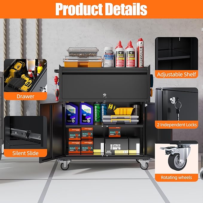 Aobabo Metal Cabinet on Wheels, Metal Garage Cabinet with 1 Drawer and 4 Hooks, Small Rolling Tool Storage with Pegboard and Handle, Assembly Required, Black
