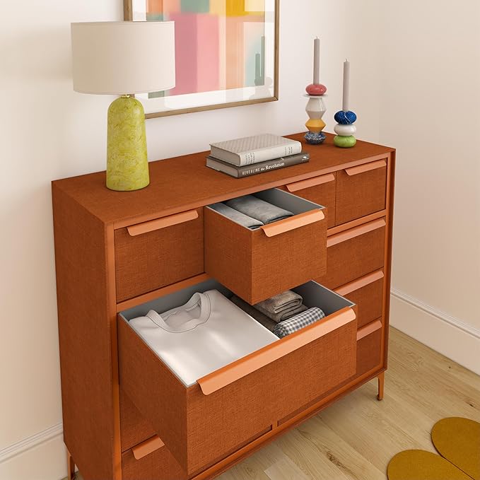 Naima Premium Fabric Dresser - Strong Metal Frame, 10 Spacious Sag-Proof Drawers with Sleek Metal Handles - Premium & Durable Storage Solution for Your Home (Orange)