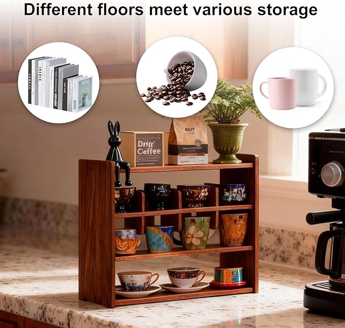 Coffee Cup Holder for Countertop Walnut Wood Coffee Mugs Holder for Kitchen Mug Display Rack (4-Tier Walnut wood A)