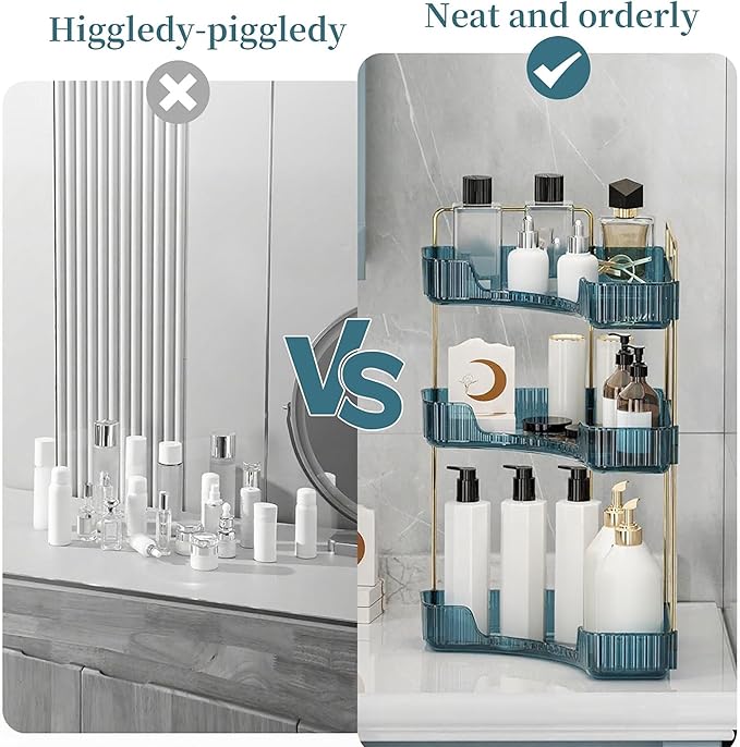 Corner Bathroom Countertop Organizer, Vanity Organizer Trays for Counter, Makeup Organizers, Perfume Tray, Skincare Shelf Storage Gifts for Women Girl Student (Blue, 3 Tiers)