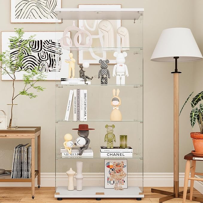 Beauty4U Glass Display Cabinet with 5 Shelves, Curio Cabinets for Living Room, Bedroom, Office, White Floor Standing Glass Bookshelf, Quick Installation