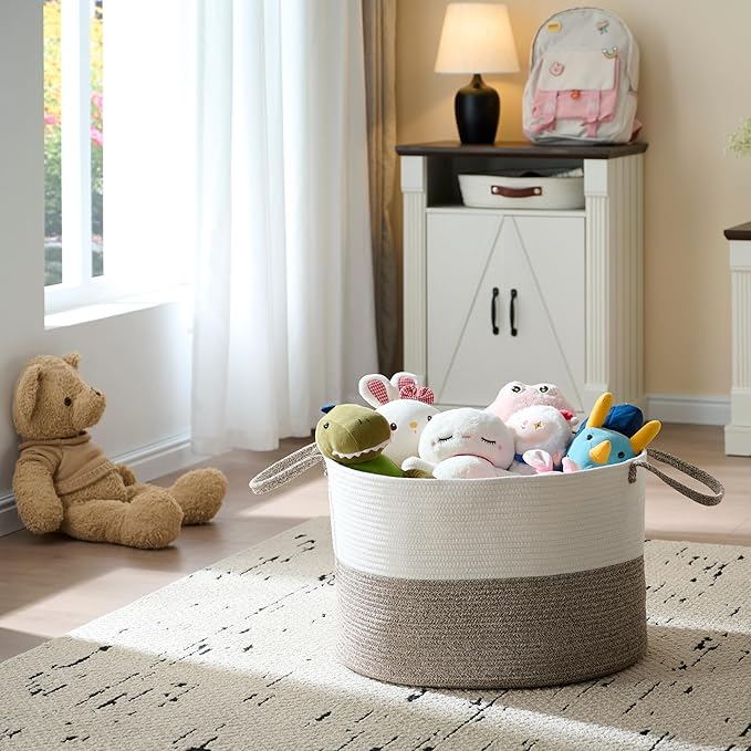 Luxury Little XXXL Nursery Storage Basket, 22 x 22 x 14 inches - 100% Cotton Rope Baskets with Handles, Laundry Basket for Toys, Blankets and Pillows - Off White & Beige