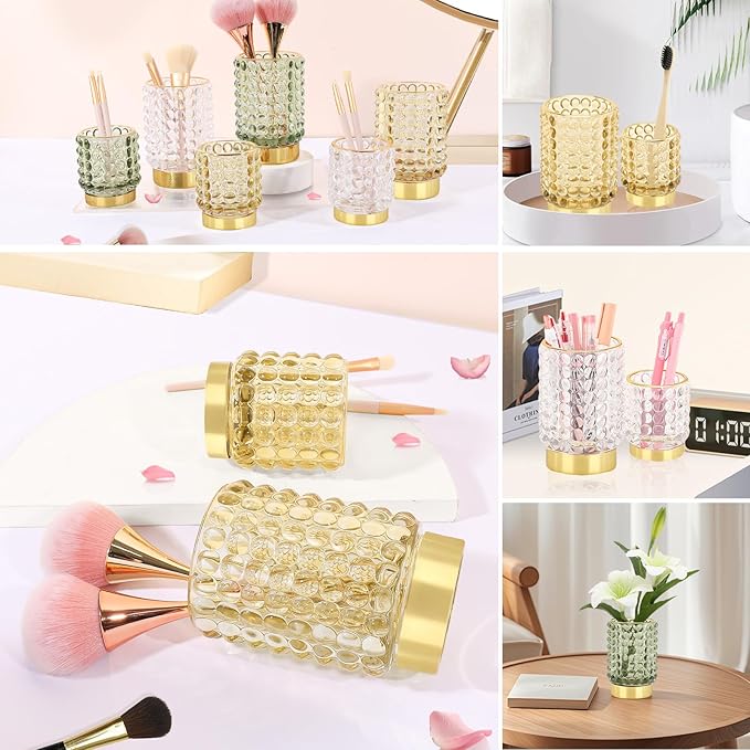 DASITON Makeup Brush Holder Organizer, Crystal Cosmetic Make Up Brush Holder, Glass Makeup Brushes Storage Organizer, Vintage Make Up Cup Desk Pen Pencil Holder, Toothbrush Holders (Yellow S)