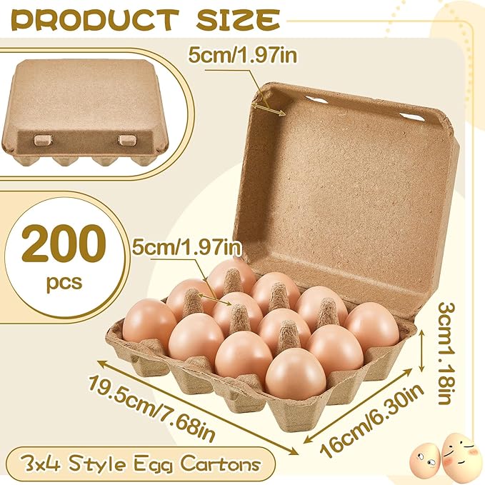Rtteri 200 Pieces Paper Pulp Egg Cartons Bulk 3x4 Style Vintage Blank Egg Cartons Bulk for Fresh Duck Quail Storage Kitchen Family Farmhouse