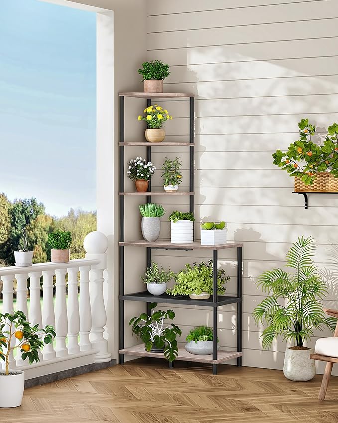 6-Tier Corner Shelf, Industrial Corner Bookshelf with Desk Top, Diamond-Shaped Storage Shelves, Display Stand for Small Spaces, Living Room, Home Office, Foyer, Greige and Black TCJ70BG