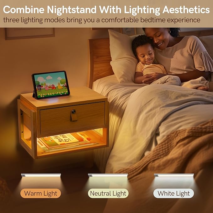Afuly Floating Nightstand with LED Light Strips, Modern Night Stand with Drawer Wall Mounted Bedside End Table, Wood Nightstand Side Table Shelf for Bedroom Natural Wooden Decor