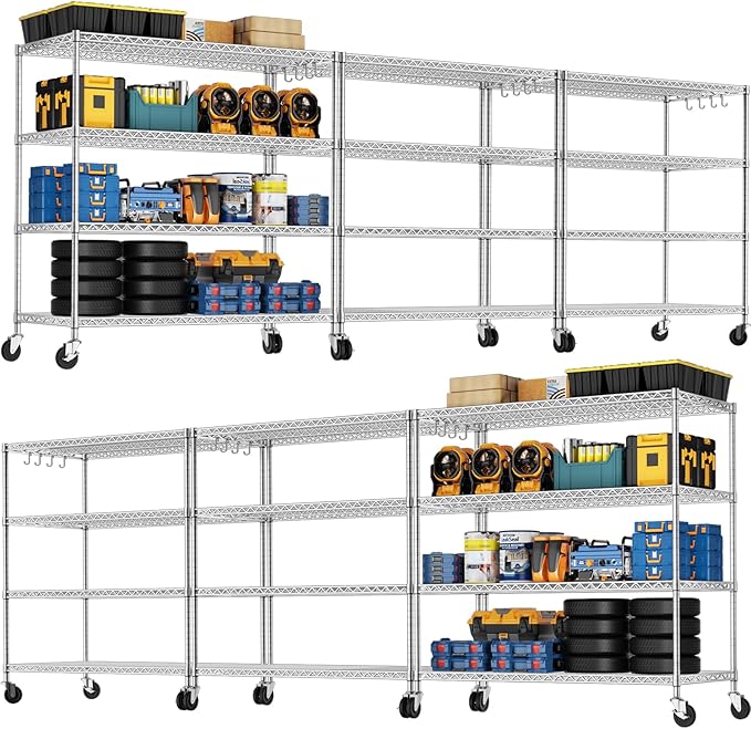 PrimeZone 4 Tier 55.5" Wx24 Dx76 H Wire Shelving with Wheels 2400lbs NSF Certified Storage Shelves Heavy Duty Metal Shelf Adjustable Rolling Rack Commercial Garage Restaurant Warehouse Kitchen 6Pack