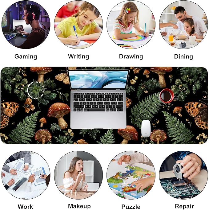 Vintage Butterfly Mushroom Mouse Pad – Large Extended Desk Mat 31.5 x 11.8 in– Dark Forest Aesthetic with Ferns & Fungi, Waterproof Surface, Non-Slip Rubber Base, Keyboard & Mouse Pad