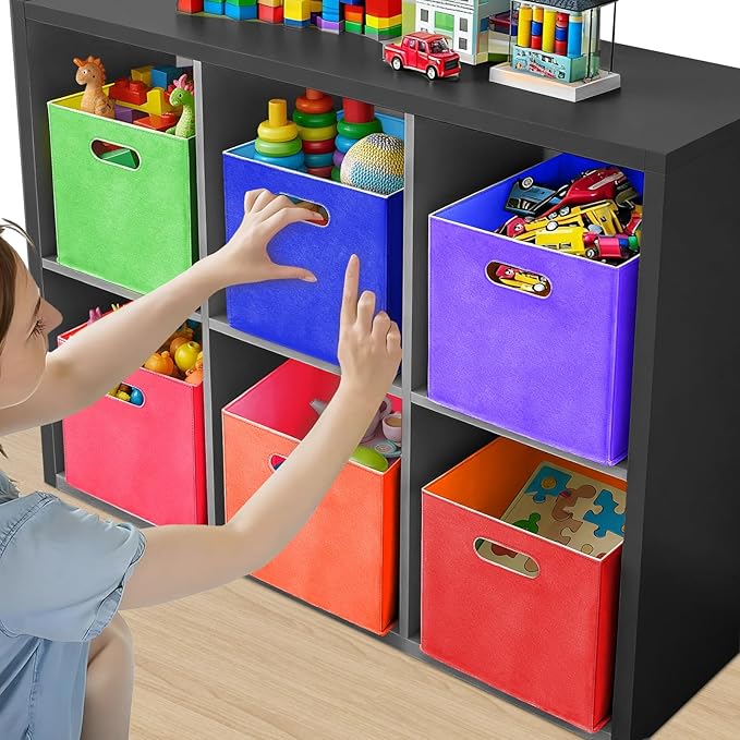 6 Pcs 11 Inch Colorful Felt Storage Cubes with Handle, Collapsible Fabric Storage Cubes Toy Bins Foldable Baskets for Nursery, Playroom, Kids Room, Toys, Books, Clothes(Rainbow)