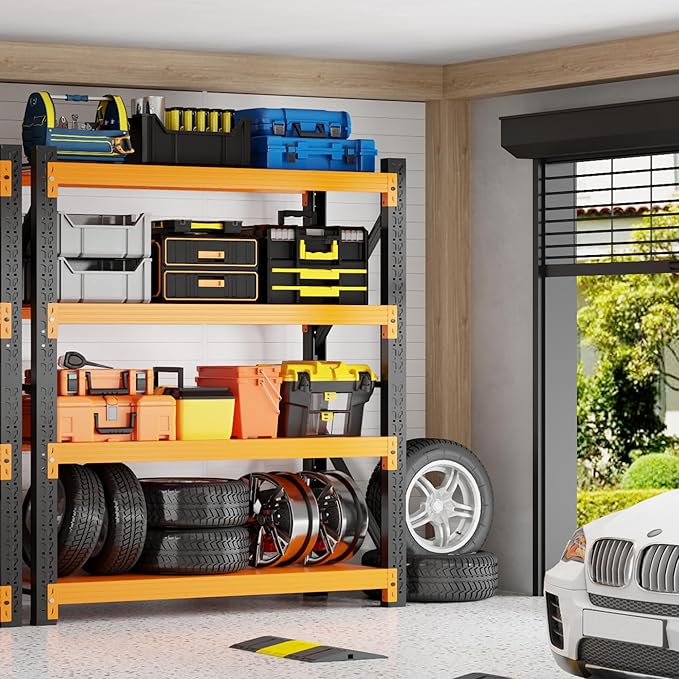 5000LBS Garage Shelving 59" W Garage Shelving Heavy Duty 4-Tier Metal Storage Shelves Adjustable Shelf Unit Storage Rack for Basement Supermarket Warehouse 59" W x 20" D x 78" H Black-Orange