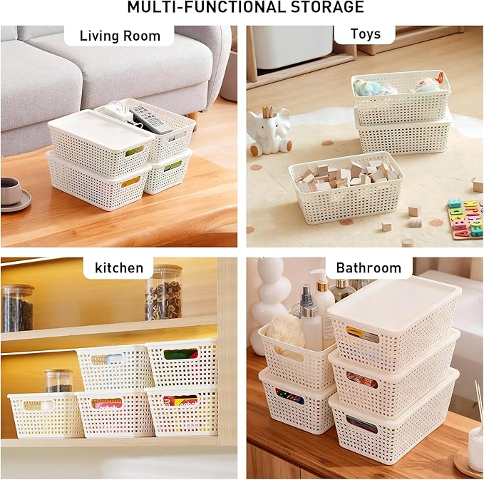 Plastic Storage Baskets With Lid, Storage Bins for Organizing, Stackable Decorative Containers for Shelves Drawers Desktop Closet Playroom Classroom Office, 8 Pack-White