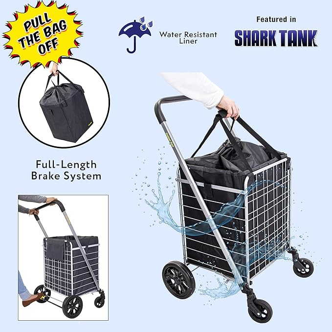 dbest Products Cruiser Cart Deluxe 2 with Liner Bag Bundle Shopping Grocery Rolling Folding Laundry Basket on Wheels Foldable Utility Trolley Compact Lightweight Collapsible