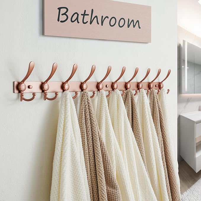 Dseap MaxStrong 2.0 Coat Rack Wall - 37” Long 10 Tri Hooks - Ultra Heavy-Duty Stainless Steel Wall Mount Coat Hanger, Hook Rail for Clothes Hats Jacket Towels Rose Gold