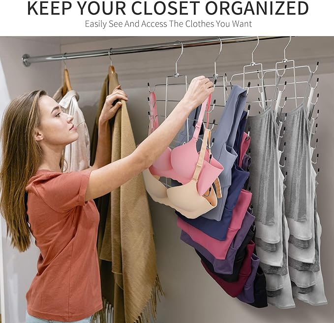 4 Pack Tank Top Hanger, Bra Organizer for Closet, Hanging Space Saving Sport Bra Lingerie Holder Closet Organizers and Storage, College Apartment Essentials, Silver