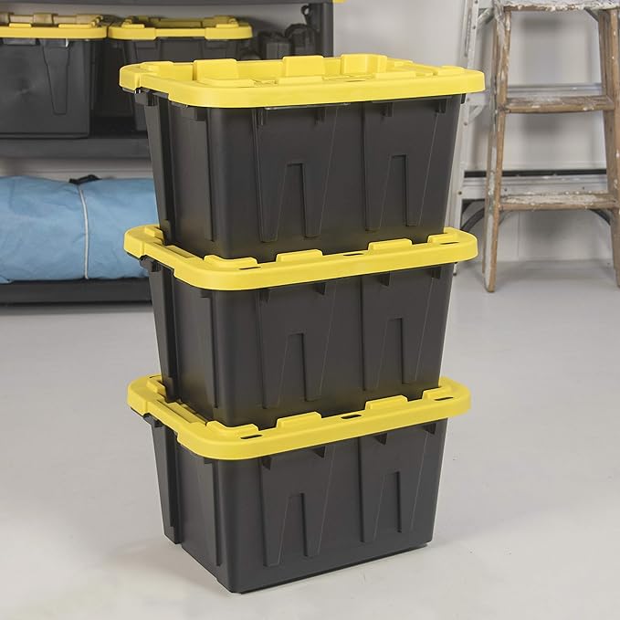 CX BLACK & YELLOW, 12-Gallon Heavy Duty Tough Storage Container & Snap-Tight Lid, (12.51H x 16.3W x 21.8D), Weather-Resistant Design and Stackable Organization Tote [4 Pack]