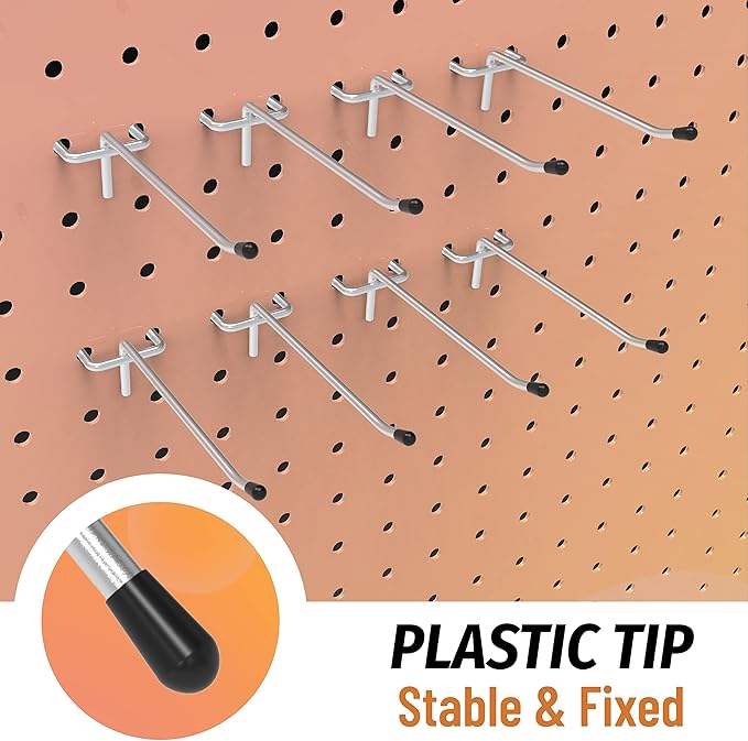 HUHOLE Pegboard Hooks 6 Inch 50PC, Ideal Garage Organization, Wall Storage Tool Organizer, Fit 1/4" 1/8" Peg Board with Plastic Tip (Silver, 6 Inch)