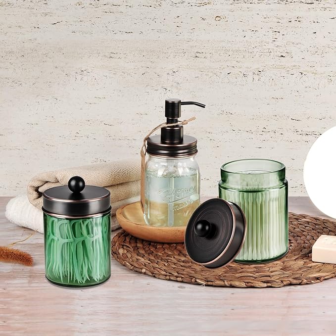 Amolliar Sage Green Apothecary Glass Jar With Metal Lid & Stickers, Bathroom Qtip Holder Storage Canister, Farmhouse Decor for Cotton Balls, Cotton Swabs, Makeup Pads, Bath Salt, Floss, ORB 2 Pack