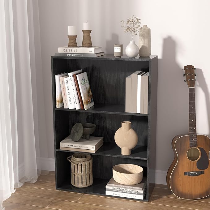 Wooden 3 Cube Storage Organizer,3 Tier Low Bookcase Storage Display Organizer, 33 Inch Versatile Cubes Shelf and Cubby Unit for Any Space (Black, 3 Cube-W(23.6inch)