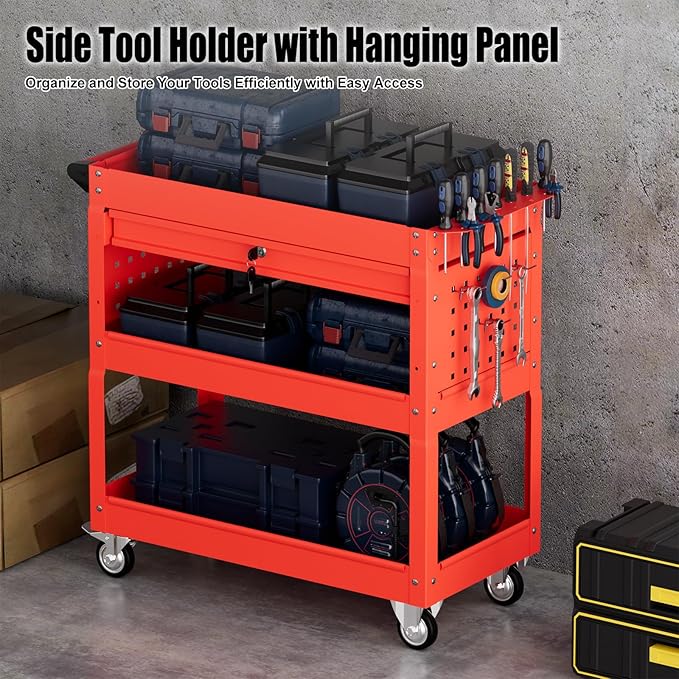 3 Tier Heavy Duty Tool Cart, Mechanic Metal Rolling Tool Cart 900 Lbs Work Carts with Locked Drawers & Pegboard for Garage Workshop