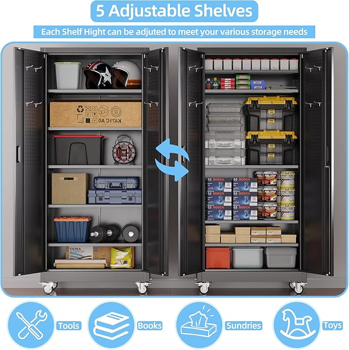Metal Garage Storage Cabinet with Wheels & Pegboard, Lockable Metal Storage Cabinets with 2 Doors&5 Adjustable Shelves for Garage&Home,Assembly Required,Black 71''H x32''W x16''D