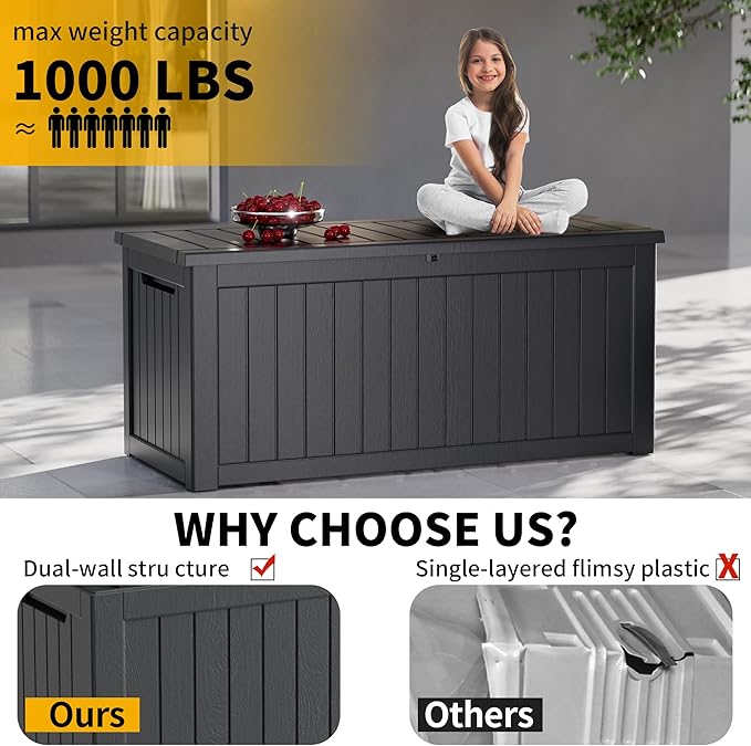 270 Gallon Resin Deck Box, Waterproof Outdoor Storage Box for Patio Furniture Cushions, Garden Tools, and Pool Accessories, Large Lockable UV-Resistant Storage Bin Bench Cabinet for Outside, Black