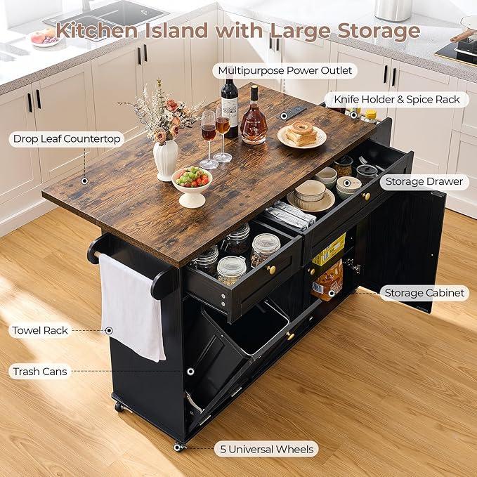 60.2" Kitchen Islands with Storage, Kitchen Island Cart with Trash Can Storage Cabinet, Rolling Kitchen Island Table with Drop Leaf & Power Outlet & Spice Rack & Towel Rack & Knife Holder, Black