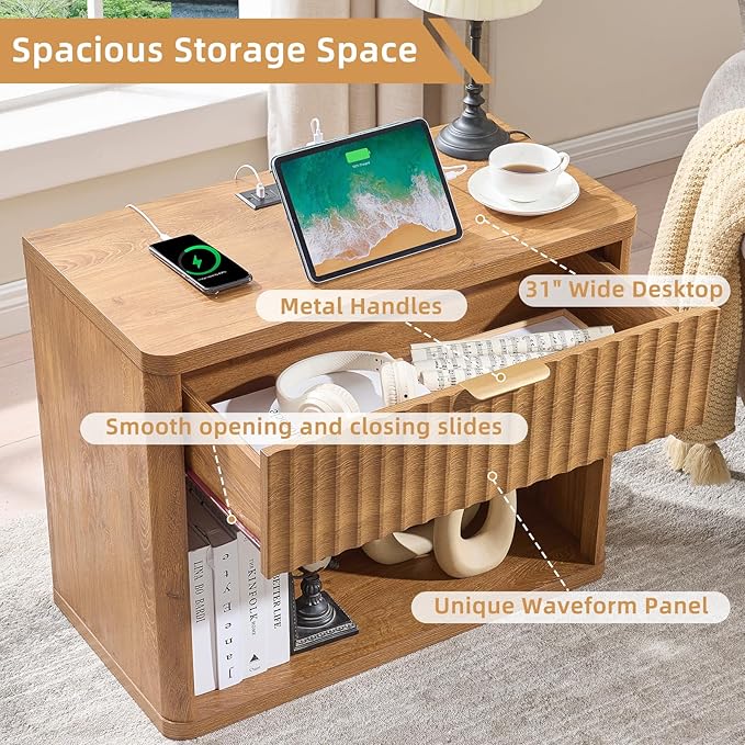 LEYAOYAO 31" Wide Fluted Nightstand with Charging Station, Oversized Extra Large 1 Drawer Night Stand with Golden Handle, Brown Wood Bedside Table Tall End Tables,for Bedroom, Living Room, Hallway