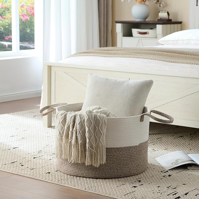 Luxury Little XXXL Nursery Storage Basket, 22 x 22 x 14 inches - 100% Cotton Rope Baskets with Handles, Laundry Basket for Toys, Blankets and Pillows - Off White & Beige