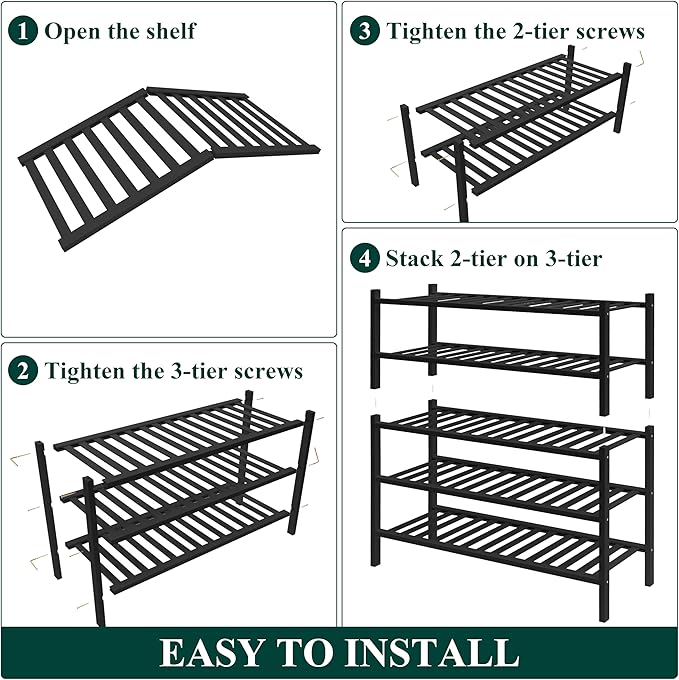 Smiry Bamboo Shoe Rack for Closet, 5 Tier Wooden Stackable Shoe Organizer, Free Standing Shoes Storage Shelf for Entryway, Front Door Entrance, Black