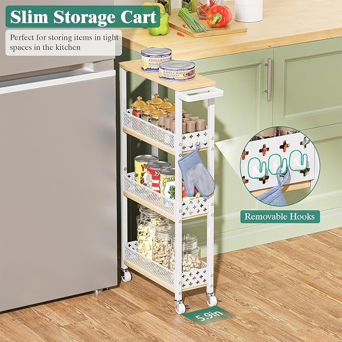 Giwil 4-Tier Slim Rolling Storage Cart for Kitchen Bathroom Organizer, Mobile Narrow Storage Cabinet Utility Cart with Wood Rack on Wheels for Pantry Laundry Small Space, White