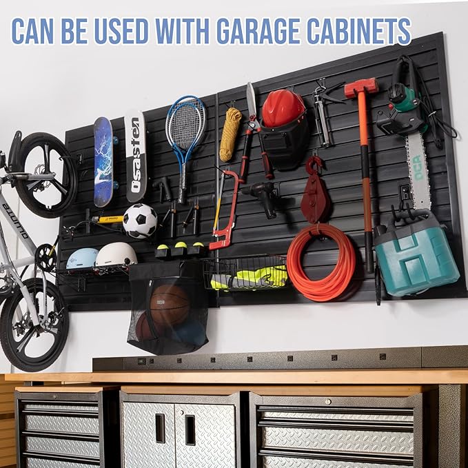 Slatwall Panels 4'x 4' Garage Slat Wall Storage Systems, Slat Wall Paneling Garage Wall Organizer, Black Slat Board PVC Wall Panels Slatwall Displays Garage Tool Organizer Wall Mount Ladder Bike Rack