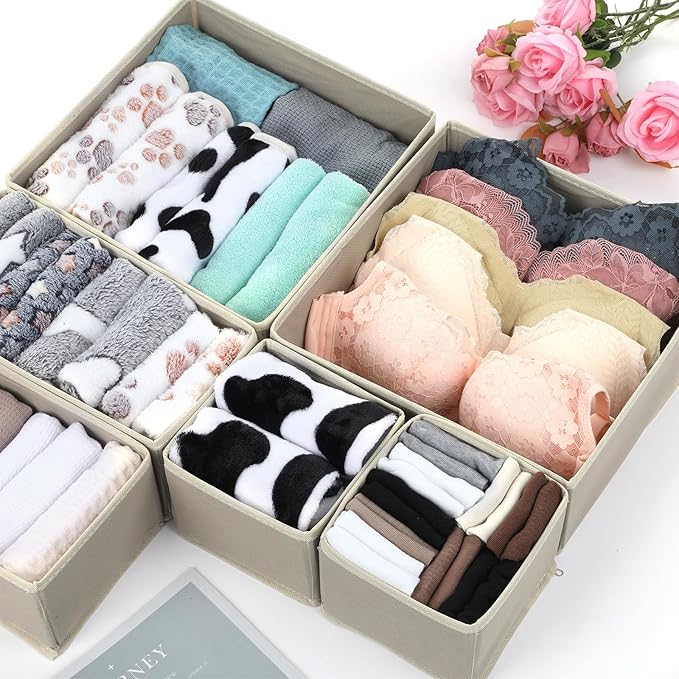 SHENLIU 12 Pack Foldable Cloth Storage Box, Drawer Organizer Clothes, Underwear Organizer, Closet Organizers and Storage Dresser Dividers for Clothes Underwear Bras Socks Lingerie Clothing, Beige