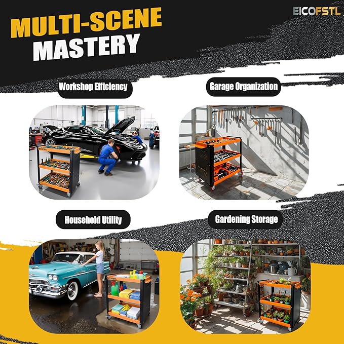 Stainless Steel Utility Cart with Pegboard & Screwdriver Holder, Heavy-Duty Alloy Steel 3-Tier Tool Cart, 500LB Capacity, 4 Wheels with 2 Locking Casters for Garage, Workshop, Home