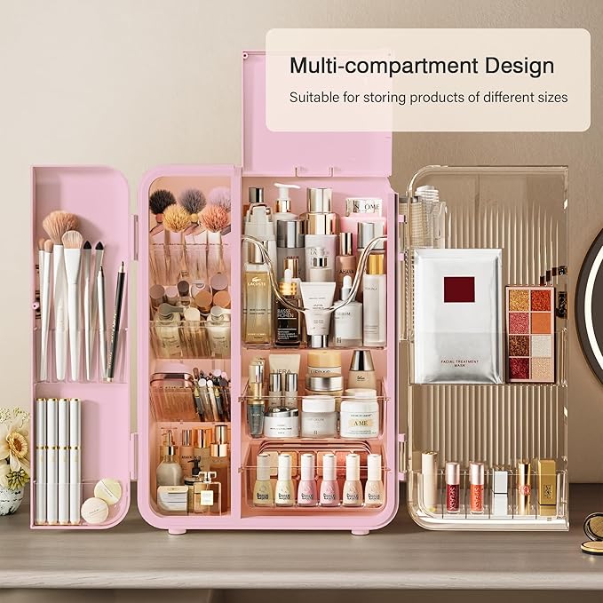 UAK Makeup Organizer with Drawers for Vanity, Cosmetic Display Case with Brush Holders, Storage for Skincare Countertop Bathroom (Pink)