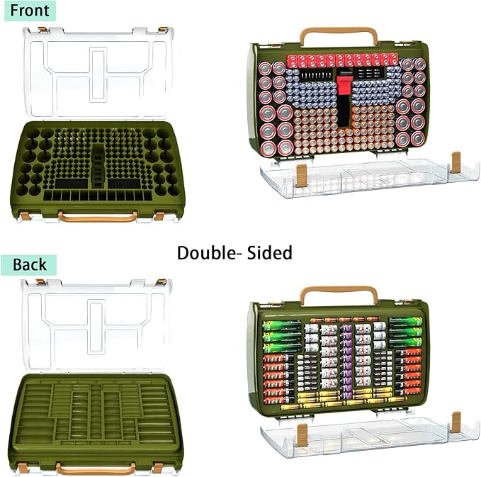 ALCYON Large Capacity 269 Battery Organizer Storage Case with Tester, Double-Side Battery Holder Container for AA AAA AAAA C D 9V Lithium 3V CR123 CR2032 CR1632 18650 Batteries(Box Only) (Green)