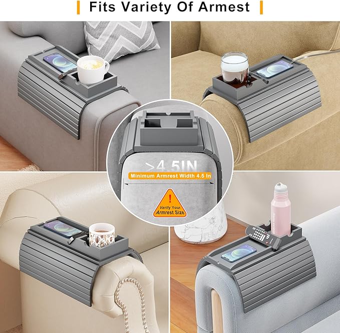 Couch Armrest Table, Sofa Arm Tray with Detachable Couch Cup Holder - 2 in 1 Anti-Slip Foldable Sofa Armchair Caddy Table for Drinks Cellphone TV Remote Snacks (Gray)