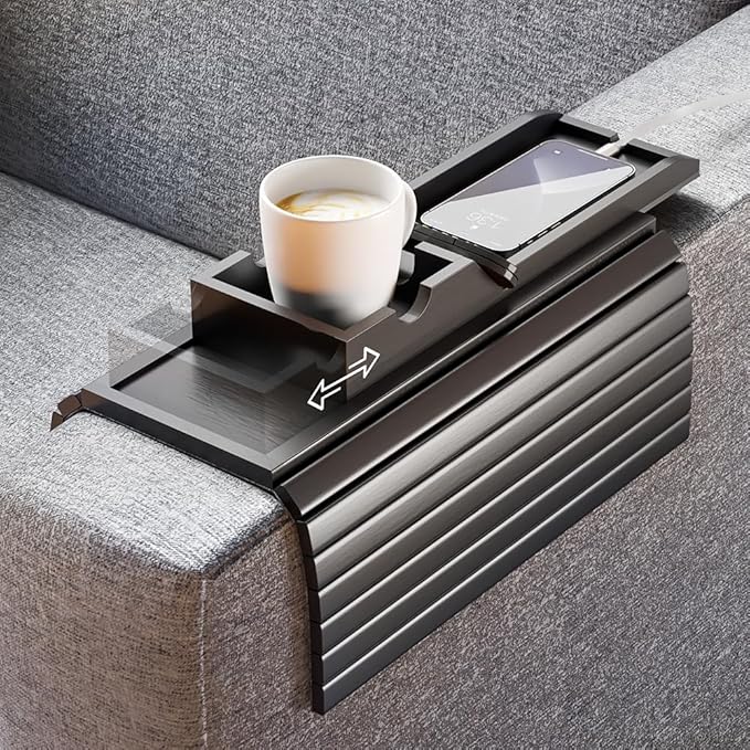 Couch Armrest Table, Sofa Arm Tray with Detachable Couch Cup Holder - 2 in 1 Anti-Slip Foldable Sofa Armchair Caddy Table for Drinks Cellphone TV Remote Snacks (Black)