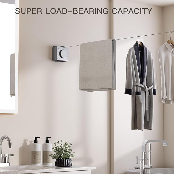 Retractable Clothesline Indoor Outdoor, Clothes Line Retracting Indoor, Retractable Clothes Line Wall Mounted Drying Rack Clothing Line, Laundry Line with Stainless Steel Line-15.1 Feets(Grey)