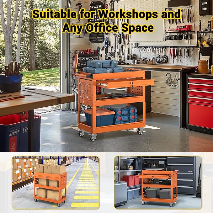 3 Tier Rolling Tool Cart on Wheels, 550 LBS Tool Cart with Drawers，Heavy Duty Utility Cart with Pegboard and Hook，Mechanic Tool Storage Cart for Garage, Warehouse and Repair Shop(Orange)