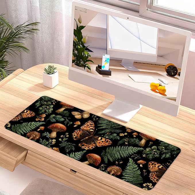 Vintage Butterfly Mushroom Mouse Pad – Large Extended Desk Mat 31.5 x 11.8 in– Dark Forest Aesthetic with Ferns & Fungi, Waterproof Surface, Non-Slip Rubber Base, Keyboard & Mouse Pad