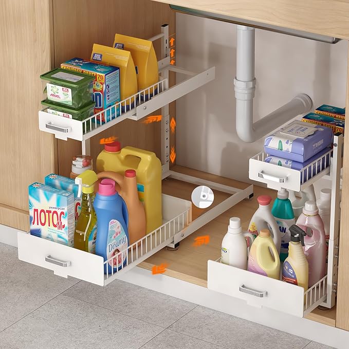 Under Sink Organizer,2 Tier Slide Out Kitchen Cabinet Organizers with Pulley,Under Bathroom Sink Pull Out Organizer with Multiple Height Adjustments for Kitchen and Bathroom Cabinets (White)