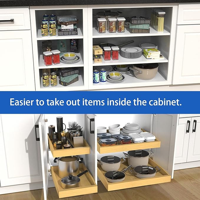 Wooden Pull out Cabinet Organizer 12" W x 21" D x 4.3" H, Heavy Duty Slide Out Drawers Pull-Out Home Organizers for Kitchen Cabinets
