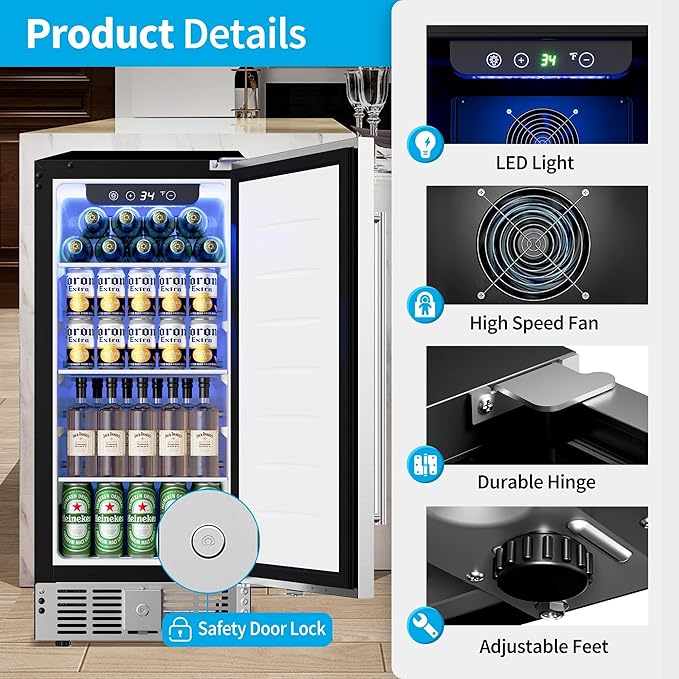 15 Inch Under Counter Beverage Refrigerator - 126 Cans Beverage Fridge with Stainless Steel Door for Beer Wine Soda - Built-in or Freestanding Wine Cooler for Home Kitchen Bar
