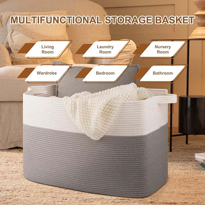 XXXL Supre Large Blanket Basket for Clothes, Towels, Pillows, 108L Cotton Rope Storage Basket for Living Room, Woven Toy Storage for Kids, 25" x 16" x 16", Grey and White
