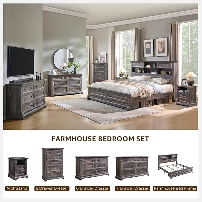 Farmhouse 6 Drawers Dresser for Bedroom, 54" Wide Large Dressers & Chests of Drawers w/Roman Column, Wooden Dresser TV Stand with Large Drawers for Nursery Bedroom Living Room Hallway,Dark Rustic Oak