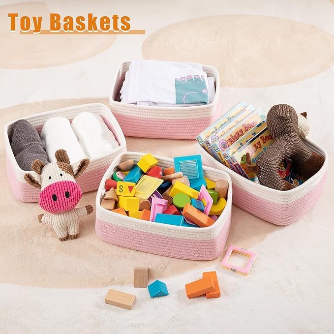 OIAHOMY 4 Pack Storage Baskets for Organizing, Small Bins for Shelves, Cute Decorative Storage Bins, Organizer Baskets for Gifts Empty, 11.8''Lx7.8''Wx4.7''H, Pink/White
