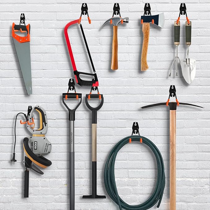 KURUI Heavy Duty Wall Hook for Tool/Water Hose, Garden Hose Holder Wall Mount for Indoors Outside, 2 Pack Garage Storage Hanger for Hanging Shovel/Ladder/Extension Cord, Metal Utility Hook Organizer