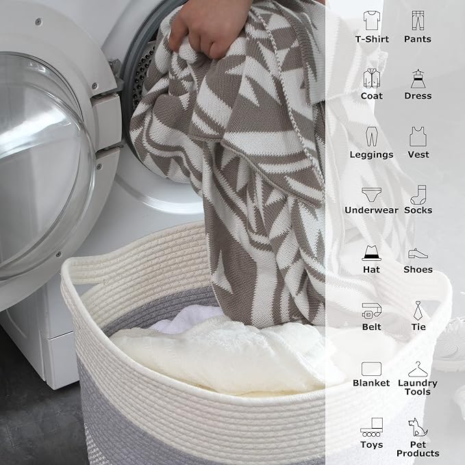 Sea Team Oval Large Cotton Rope Woven Storage Basket with Handles, Diaper Caddy, Baby Shower Basket, Nursery Nappies, Clothes Toys Organizer for Kid's Room, 16 x 13 inches, White & Yellow