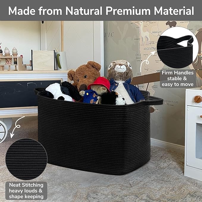 Goodpick Extra Large Storage Basket, 23.6" x 15.7" x 13.8" Rectangle Cotton Rope Basket for Blankets, Pillows, Toys, Woven Dirty Clothes Baskets for Laundry, Black