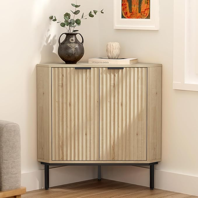 Fluted Corner Cabinet, Modern Small Corner Floor Cabinet with 2 Doors and 2-Tier Shelves, Freestanding Narrow Organizer for Living Room Kitchen Bathroom, Light Oak